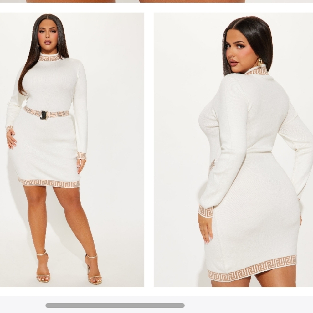 Chili Season Sweater Mini Dress.Elegant White and Gold Women's Dress. - Picture 2 of 2